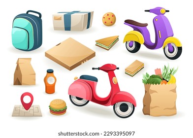Concept Food and scooters. A set of flat cartoon designs featuring food and scooters on a white background. Vector illustration.