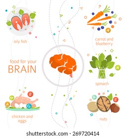 Concept of food and vitamins, which are healthy for your brain / vector illustration / flat style