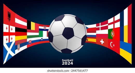 Concept of  football cup 2024. Design of a stylish football championship background. Vector realistic 3d ball and flags of all countries participating in the competition for your Design, eps 10 