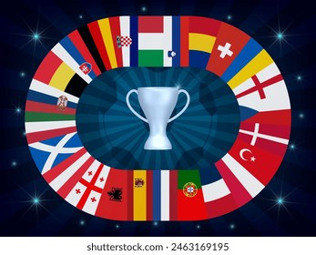 Concept of  football cup 2024. Design of a stylish football championship background. Vector realistic 3d trophy  and flags of all countries participating in the competition. Design elemen . EPS 10