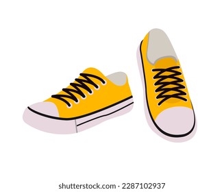 Concept Footwear sneakers convers slip on. This illustration is a flat vector cartoon design featuring a pair of yellow slip-on sneakers from the Converse brand. Vector illustration.