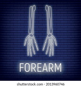 Concept forearm bone icon glow neon style, skeleton part organism, roentgen human body image isolated on black, flat vector illustration. Silhouette black biological science.