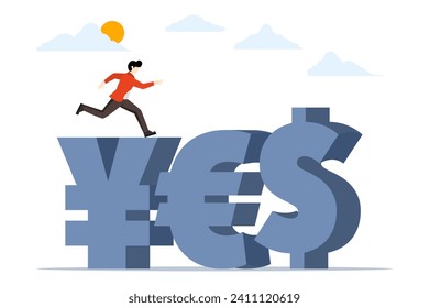 concept of Foreign Exchange Trading between currencies around the word or flow of investment funds, Successful businessman wearing sportswear in Japanese yen, Euro and US Dollar currency symbols.