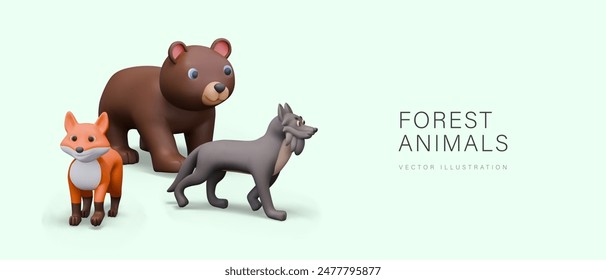 Concept of forest animals in plasticine 3D style. Brown bear, gray wolf, red fox