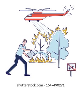 Concept Of Forest Wildfire, Rescue Forest And Animals From Fire. Global Catastrophe, Climate Cataclysm. Volunteers Extinguishing Fire, Rescuing Animals. Cartoon Outline Linear Flat Vector Illustration