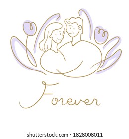 Concept of forever. An old couple face to face with white background. Vector flat illustration.