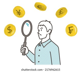 Concept of forex and a foreign currency deposit. Man comparing major currencies [Vector illustration].