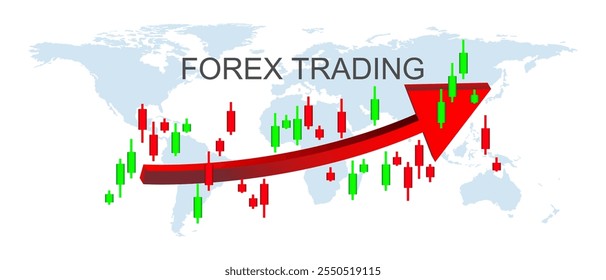 concept of forex trading A prominent red upward-trending arrow, signifying growth and profitability Overlaid on the map are green and red candlestick charts 