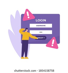 concept of forgot password, account protection, danger warning. illustration of a man who tries to log into his account but forgets his security key. flat style. design element.