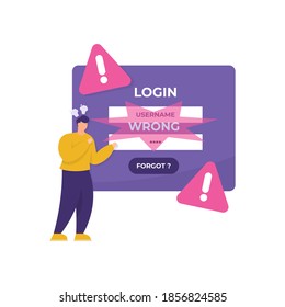 concept of forgot password, account protection, danger warning, wrong password. illustration of a man who tries to log into his account but forgets his security key. flat style. design element