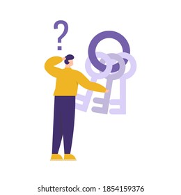 the concept of forgot passwords, account protection, ask questions. illustration of a man who is confused about choosing the correct key because he forgot his security key. flat style. design element.