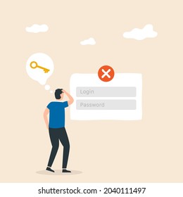 Concept of forgotten password, key, account access. Man forgot the password. Blocked access. Vector illustration