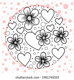 Concept in the form of a circle of hearts and flowers drawn in black outline with pink edging. The background is decorated with pink dots. Vector illustration in doodle style