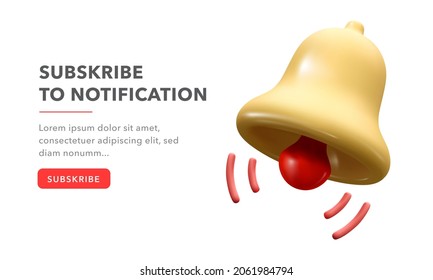 Concept form for subscribe. 3d render yellow ringing bell with new notification for social media reminder. Vector illustration