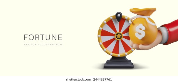 Concept of fortune, lucky chance, winning. Realistic hand holding bag of money near wheel of fortune