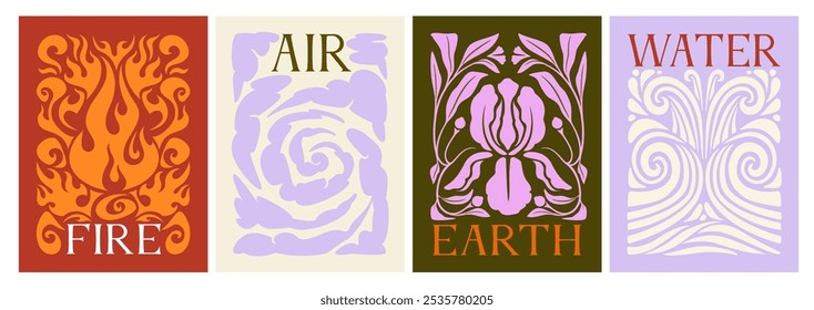 The concept of the four elements. Water, air, earth, fire. Set of flat vector illustrations