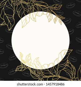 Concept frame with golden ecuador coffee branch with leaves and beans. Background with seeds for shop or house. Vector isolated illustration.
