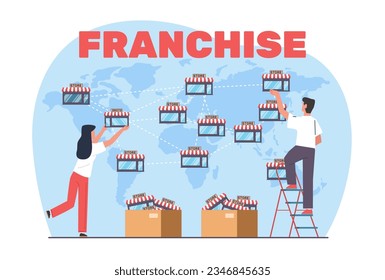 Concept of franchise business, man and woman map out stores on huge map. Open new shops in different foreign countries. marketing system. Company growth. Vector cartoon flat illustration