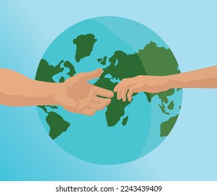 concept of fraternization or world union, two hands meeting, nations coming together. vector illustration.