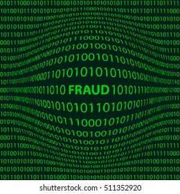 concept fraud matrix style background with a bulge word fraud in the foreground and crumbling the numbers one and zero, the bits and bytes of green color, vector illustration for print or website