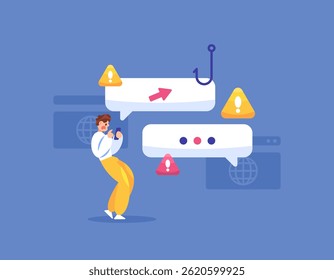 concept of fraudulent and phishing messages. notification and warning if receiving a malicious link message. prevention and protection system. a user with a message dialog. flat style design. elements