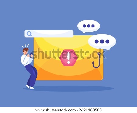 concept of fraudulent and phishing messages. notification and warning if receiving a malicious link message. prevention and protection system. illustration of a user with email. flat style design
