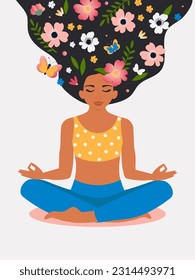 El concepto de una mente libre, una mente positiva, un cerebro floreciente. Joven hermosa mujer de cabello largo se sienta en posición de loto de yoga y medita. Niña con flores en la cabeza en el pelo. Vector.