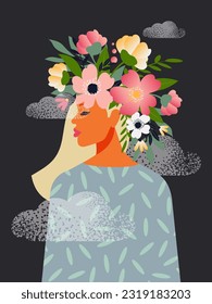 El concepto de una mente libre y positiva, un cerebro floreciente. Una hermosa mujer con flores en la cabeza medita en las nubes y irradia amor. Vector.