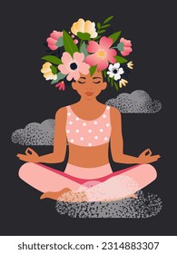 The concept of a free and positive mind, a flowering brain. A beautiful woman with flowers on her head sits in a yoga lotus position and meditates in the clouds. Vector.