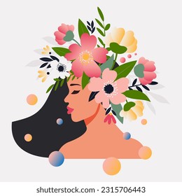 El concepto de una mente libre y positiva, un cerebro floreciente. Retrato de una hermosa mujer con flores en la cabeza sobre un fondo blanco para tarjetas de primavera. Día de la Mujer. Vector.