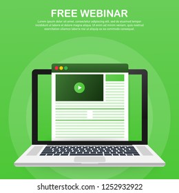 Concept free webinar for web page, banner, presentation, social media, documents. Watch video online. Vector stock illustration.