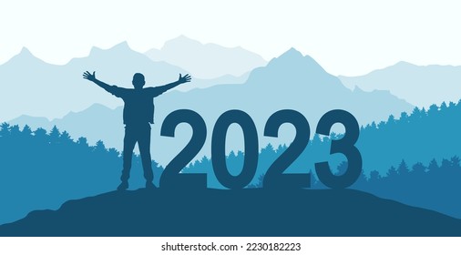 Concept of freedom in 2023 year. Happy man stand on peak of mountain on background of beautiful forest and mountains. Silhouette. Vector illustration