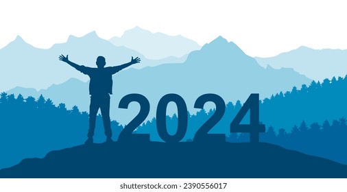 Concept of freedom in 2024 year. Happy man on background of beautiful forest and mountains. Silhouette. Vector illustration