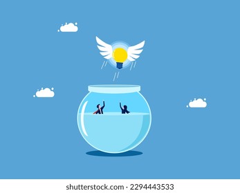 The concept of freedom and emancipation. A light bulb floated out of the fish tank