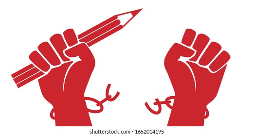 Concept of freedom of expression, with a raised fist holding a red pencil that breaks its chains by symbolizing the struggle for the right to freely express one’s opinion.