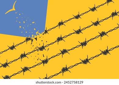 concepto libertad, vuelo, romper barreras, liberación, victoria. alambre de púas se rompe y se convierte en un pájaro	