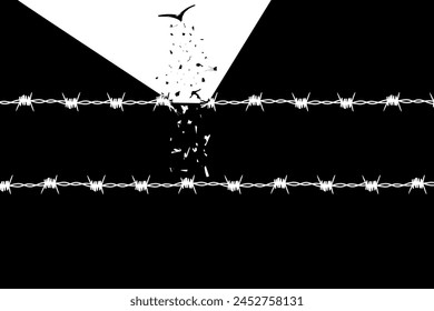 concepto libertad, vuelo, romper barreras, liberación, victoria. alambre de púas se rompe y se convierte en un pájaro	