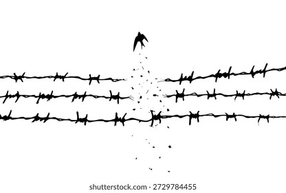 Concepto libertad, vuelo, romper barreras, liberación, victoria. Alambre de púas se rompe y se convierte en un pájaro. Adicción Recuperación Dispersión efecto blanco y negro.	
