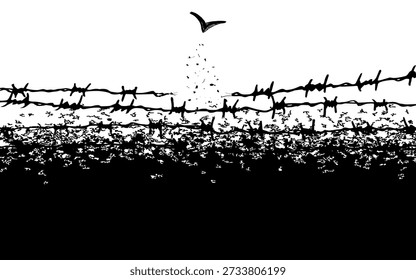 Concepto libertad, vuelo, romper barreras, liberación, victoria. Alambre de púas se rompe y se convierte en un pájaro. Adicción Recuperación Dispersión efecto blanco y negro.	