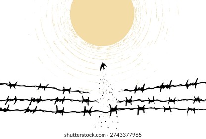 concept freedom, flight, breaking barriers, liberation, victory, achieving the goal. barbed wire breaks and turns into a bird. Addiction Recovery Dispersion black and white effect