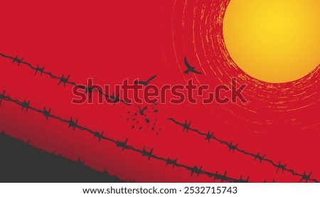 concept freedom, flight, breaking barriers, liberation, victory. barbed wire breaks and turns into a bird	