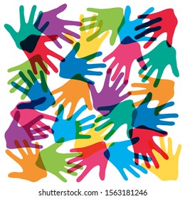 Concept of freedom and happiness with multicolored hands that are superimposed to symbolize fraternity between men.