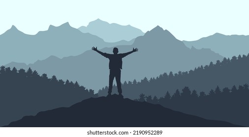 Concept of freedom. Happy man stand on peak of mountain on background of beautiful forest and mountains. Silhouette. Vector illustration