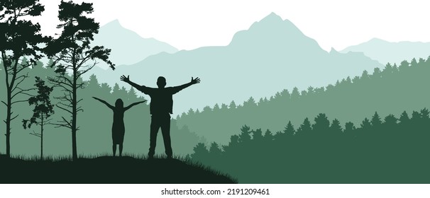Concept of freedom. Happy man and woman stand on background of beautiful forest and mountains. Silhouette. Vector illustration
