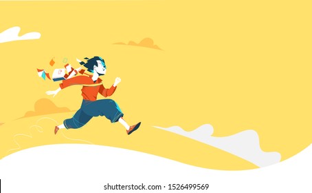 Concept of freedom in life. A happy school boy running towards his dreams with clear sky background. Vector illustratiaon
