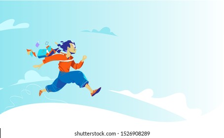 Concept of freedom in life. A happy school boy running towards his dreams with blue sky background. Vector illustration