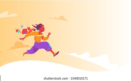 Concept of freedom in life. A happy school boy running towards his dreams with clear sky background. Vector illustration