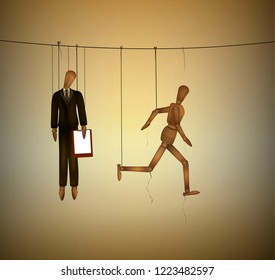 concept of freedom, office worker marionette hanging on the threads and one marionette running away, be free idea, vector