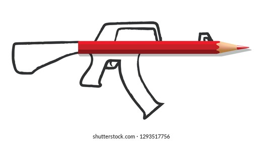 Concept of freedom of the press and information with a pencil that forms the barrel of a rifle, drawn on a white background