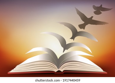 Concept of freedom through reading, with an open book whose pages gradually turn into a flying dove.